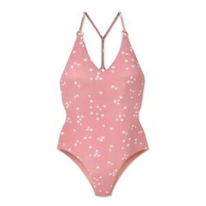 WET Aria One Piece Swimsuit Size Small Pink Rose Stars Open Back Monokini K4430